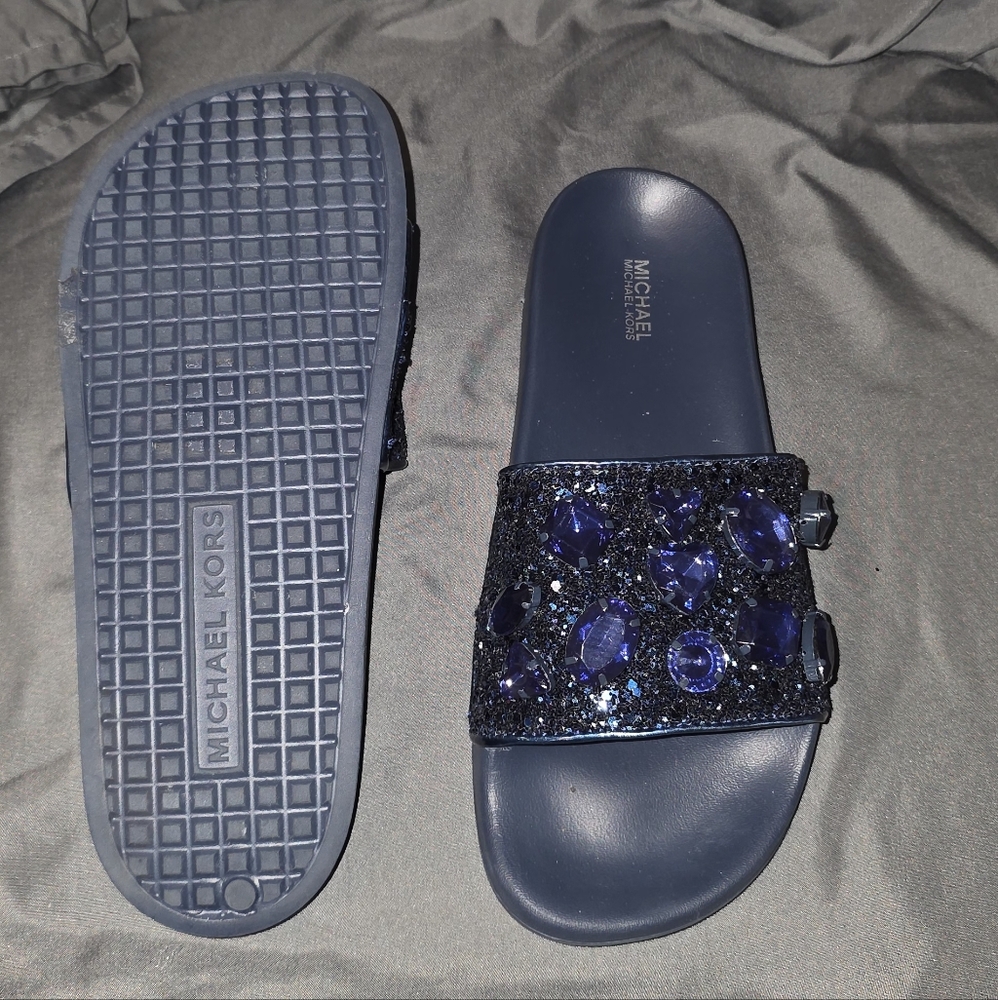 Michael Kors Navy Embellished Slide Sandals